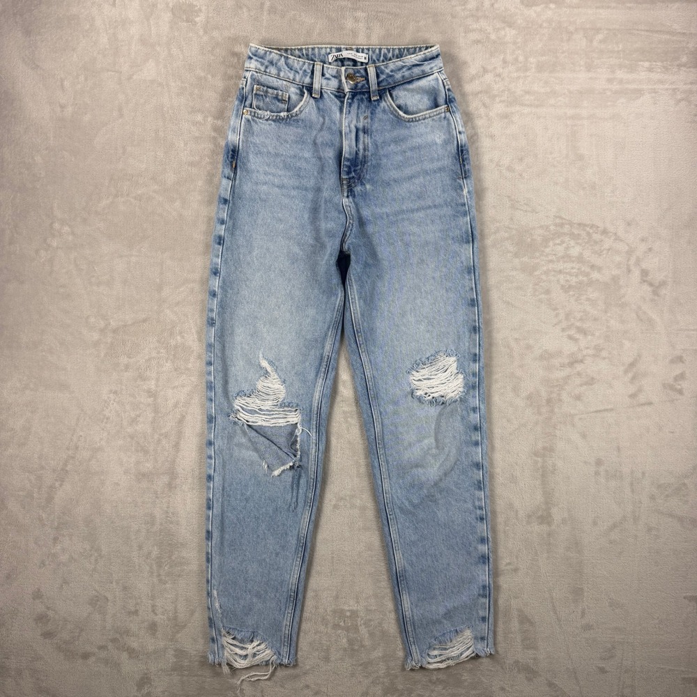 ZARA Mom Jeans Womens 0 High Rise Distressed Light Wash Blue Cotton Frayed Hem